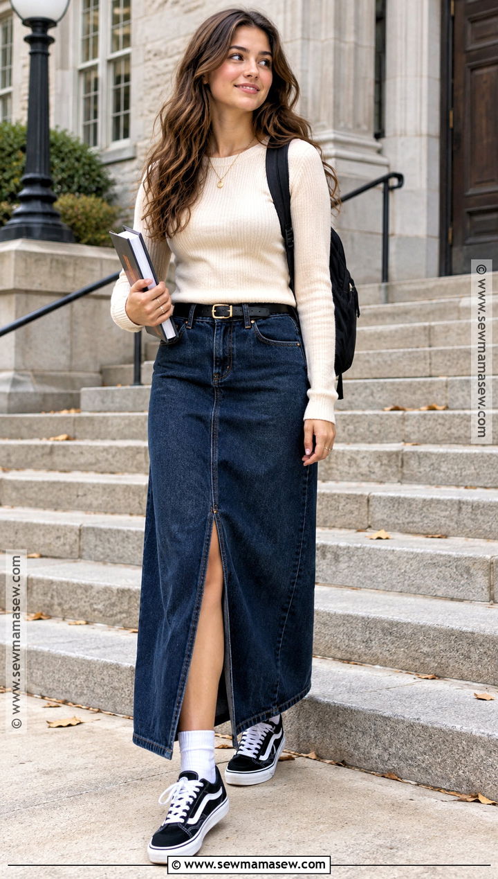 Knu Skool Vans With Denim Maxi Skirt And Sweater - 20 back to school outfits knu skool vans