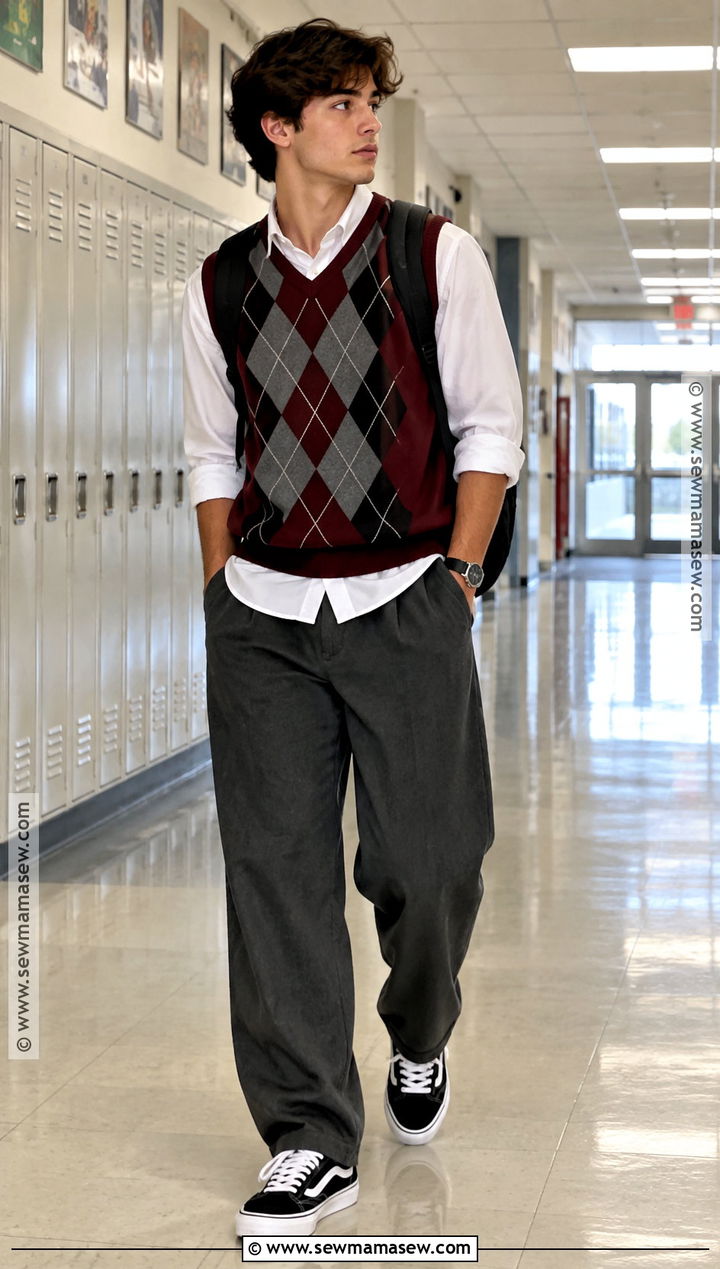 Knu Skool Vans With Sweater Vest And Loose Trousers - 20 back to school outfits knu skool vans