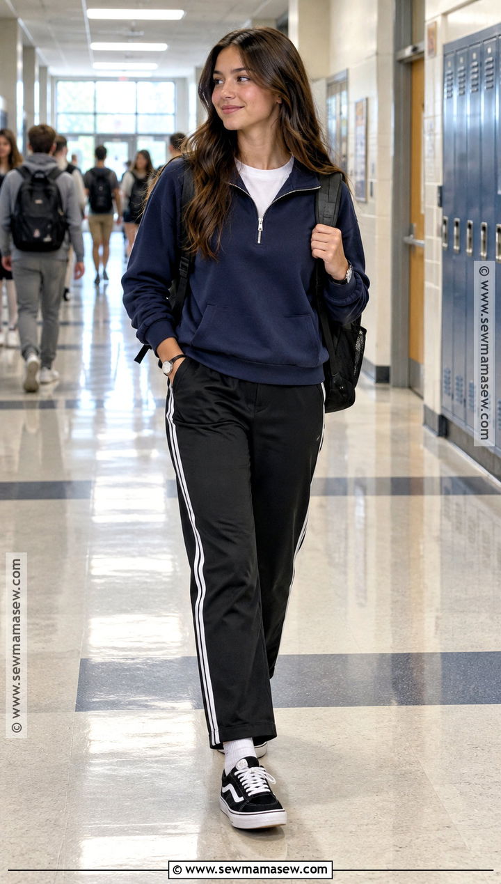 Knu Skool Vans With Track Pants And Quarter Zip - 20 back to school outfits knu skool vans