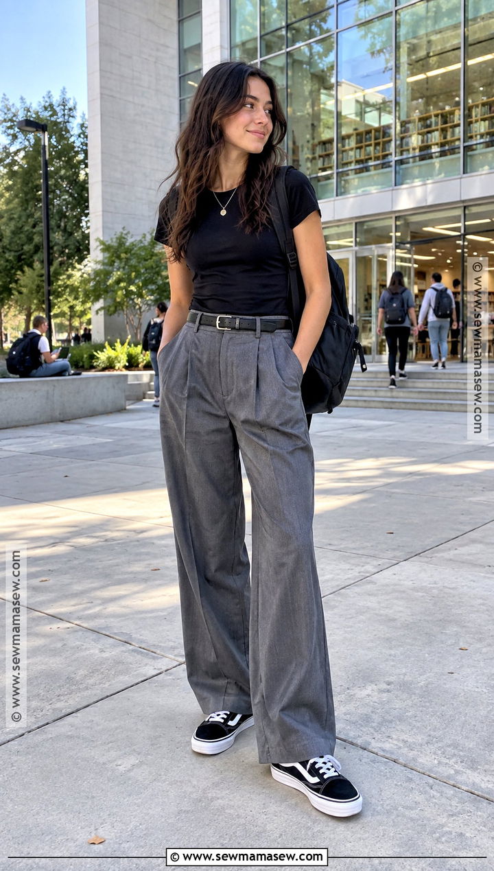 Knu Skool Vans With Wide Leg Trousers And T Shirt - 20 back to school outfits knu skool vans