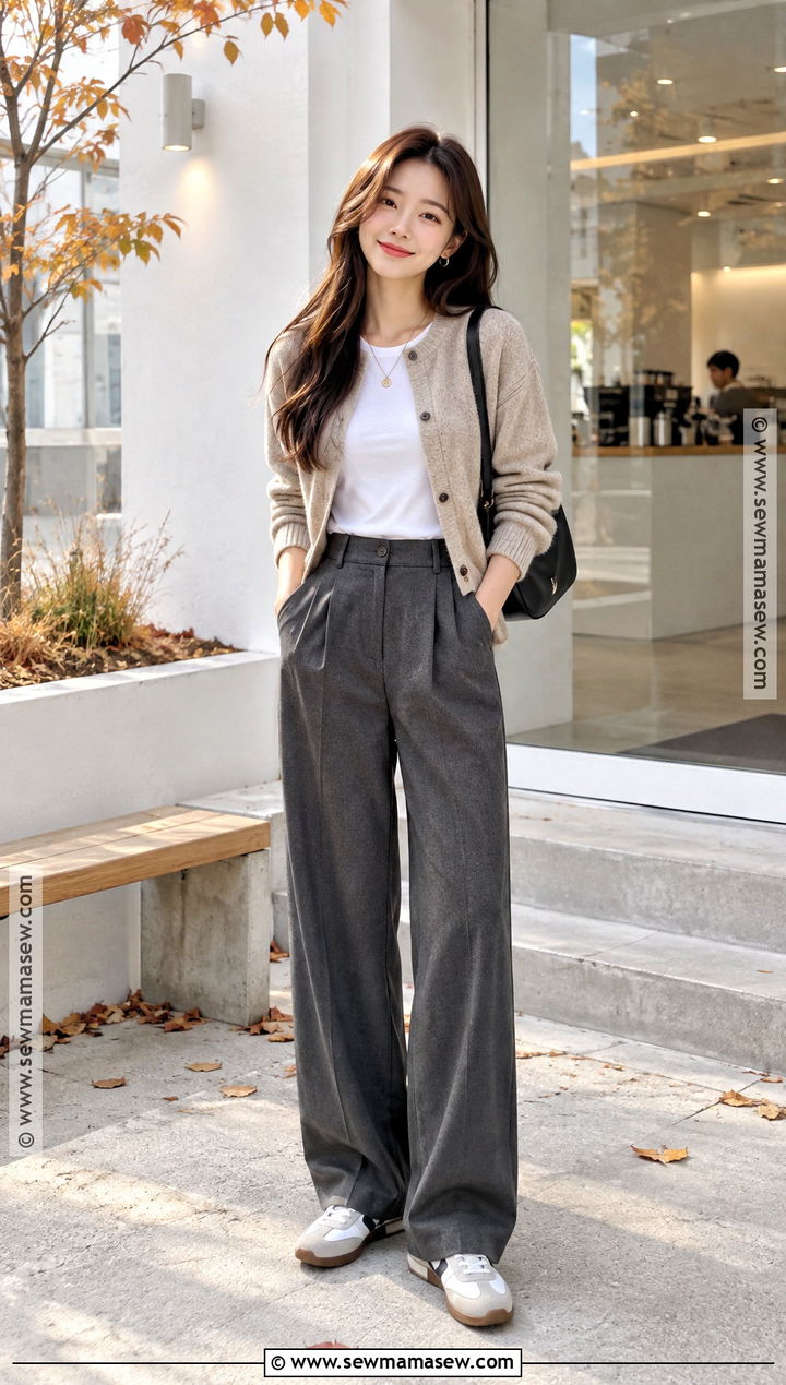 Korea Autumn Cardigan And Wide Leg Pants Outfit - 15 korea travel outfit autumn ideas