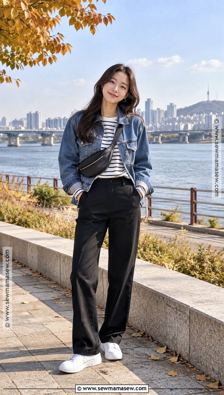 Korea Autumn Denim Jacket And Black Pants Outfit - 15 korea travel outfit autumn ideas