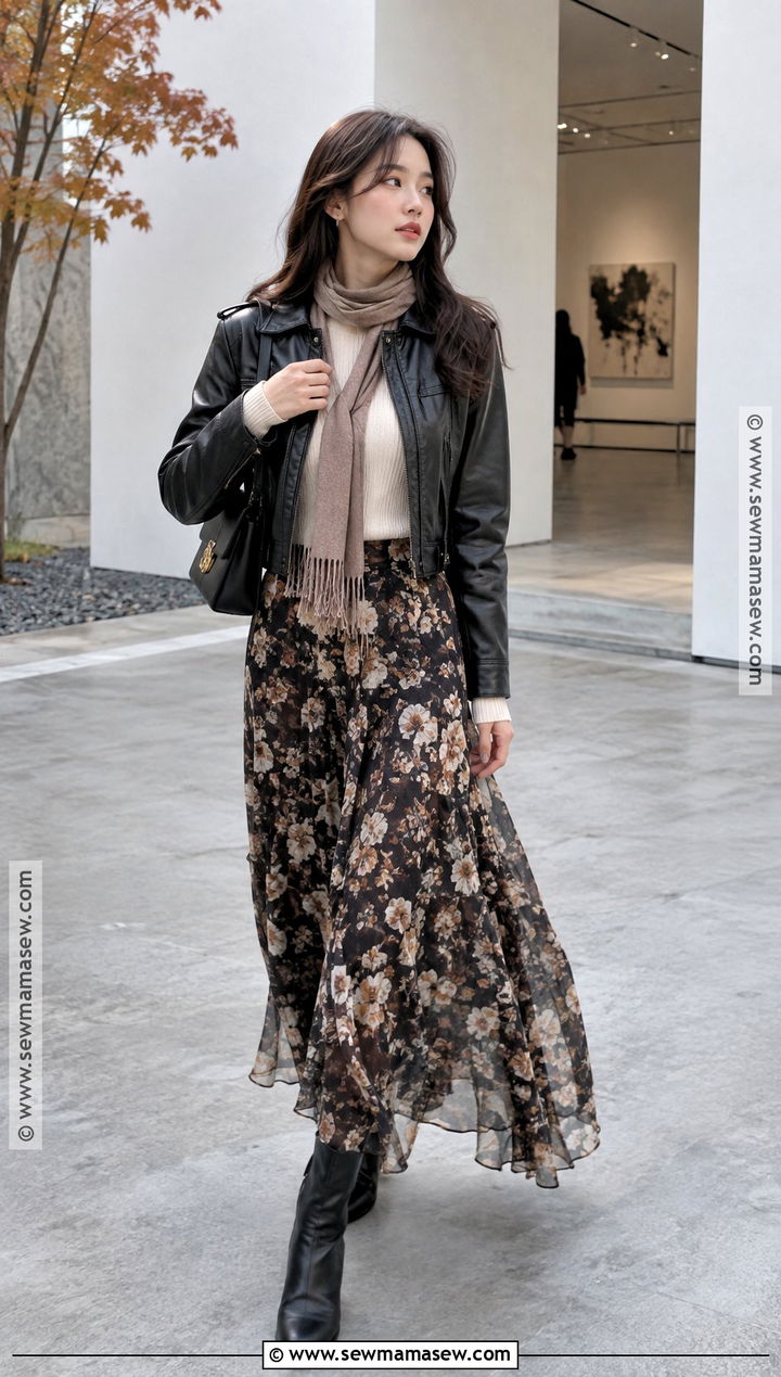 Korea Autumn Leather Jacket And Maxi Skirt Outfit - 15 korea travel outfit autumn ideas