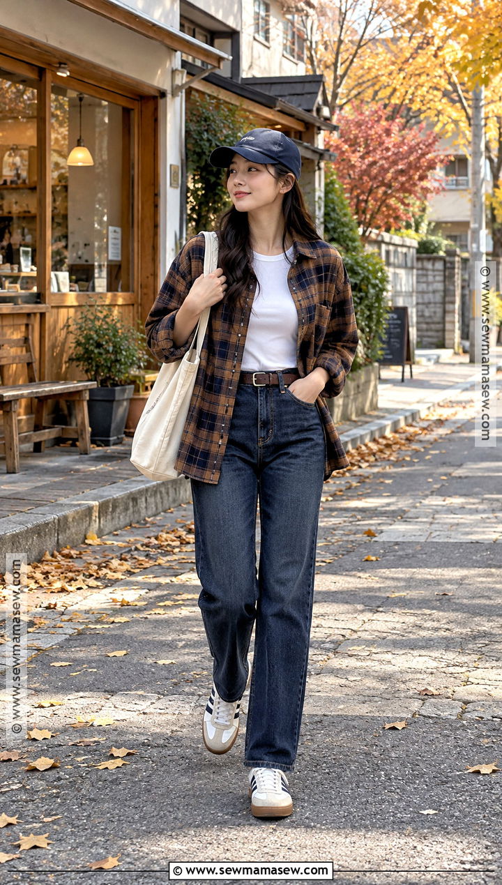 Korea Autumn Plaid Shirt And Straight Jeans Outfit - 15 korea travel outfit autumn ideas