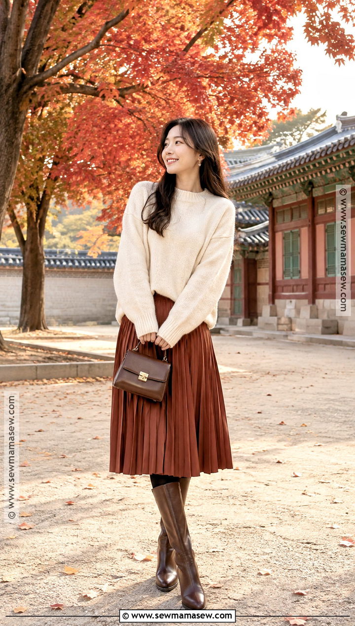 Korea Autumn Sweater And Midi Skirt Outfit - 15 korea travel outfit autumn ideas