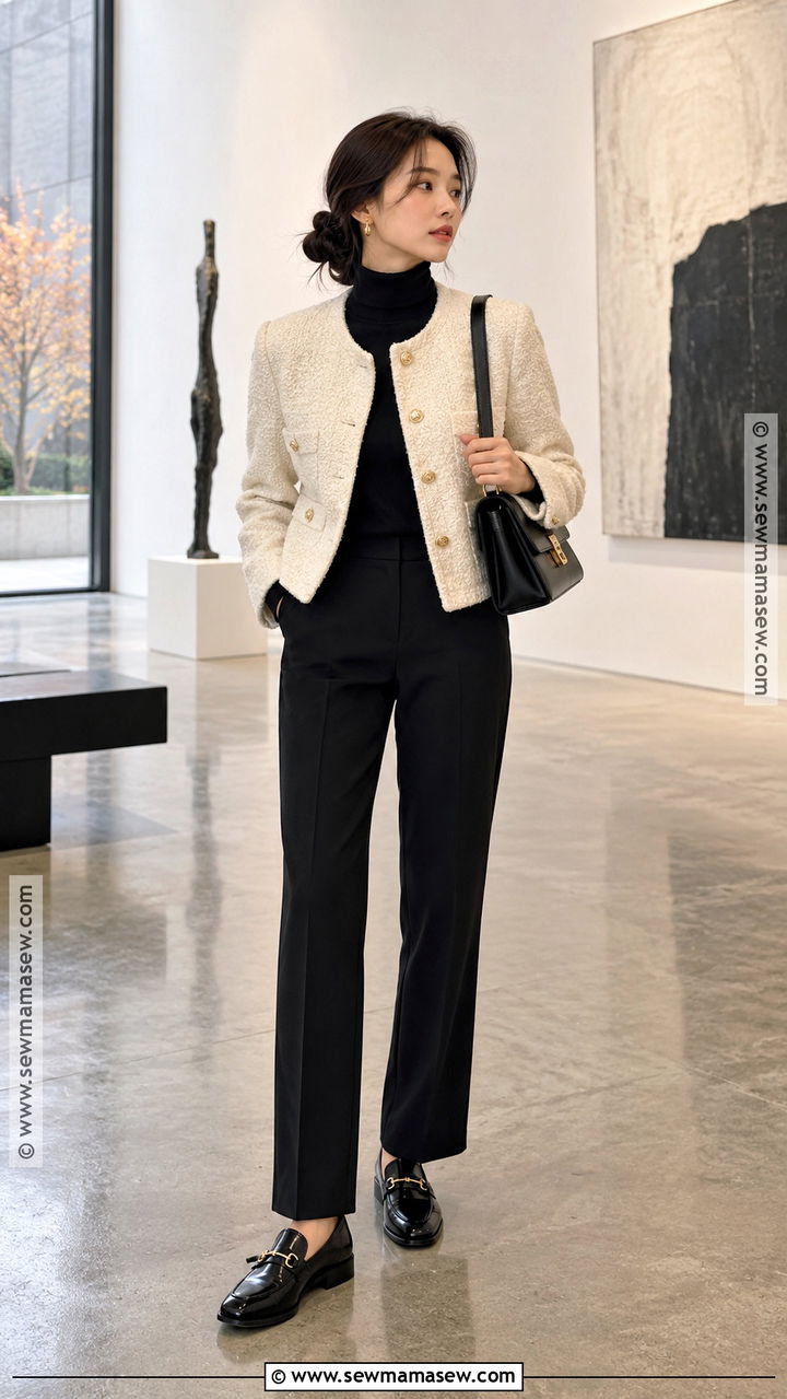 Korea November Boucle Jacket And Straight Pants Outfit - 20 korea november outfit ideas