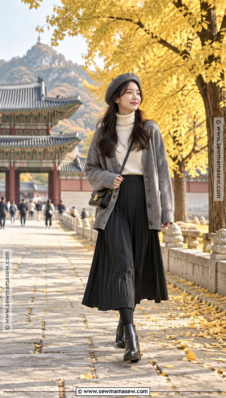 Korea November Cardigan And Pleated Skirt Outfit - 20 korea november outfit ideas