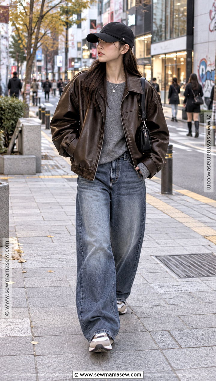 Korea November Leather Jacket And Baggy Jeans Outfit - 20 korea november outfit ideas