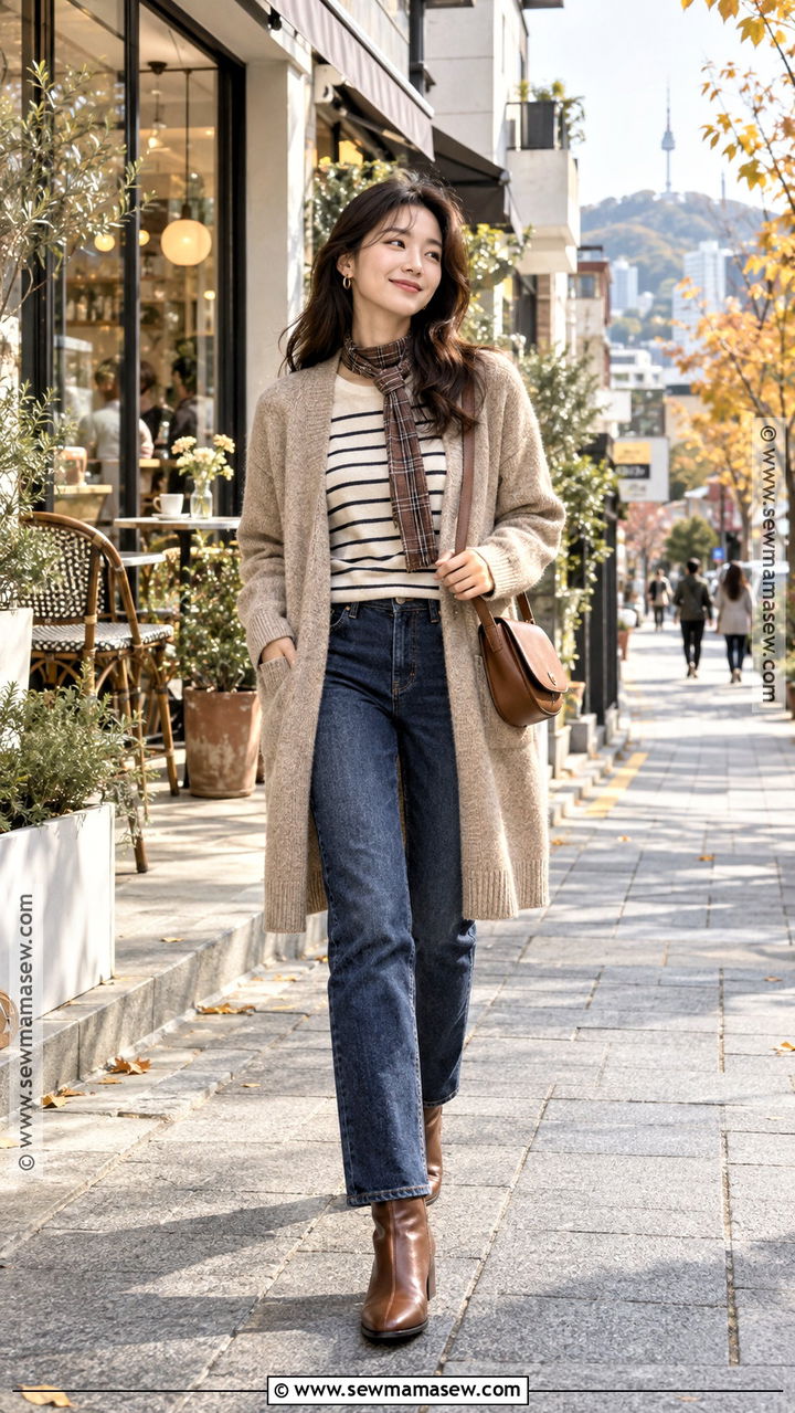 Korea November Long Cardigan And Straight Jeans Outfit - 20 korea november outfit ideas