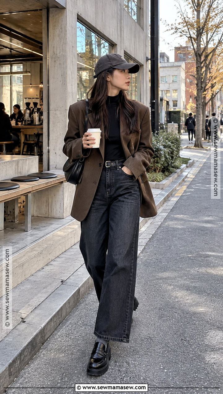 Korea November Oversized Blazer And Wide Leg Jeans Outfit - 20 korea november outfit ideas
