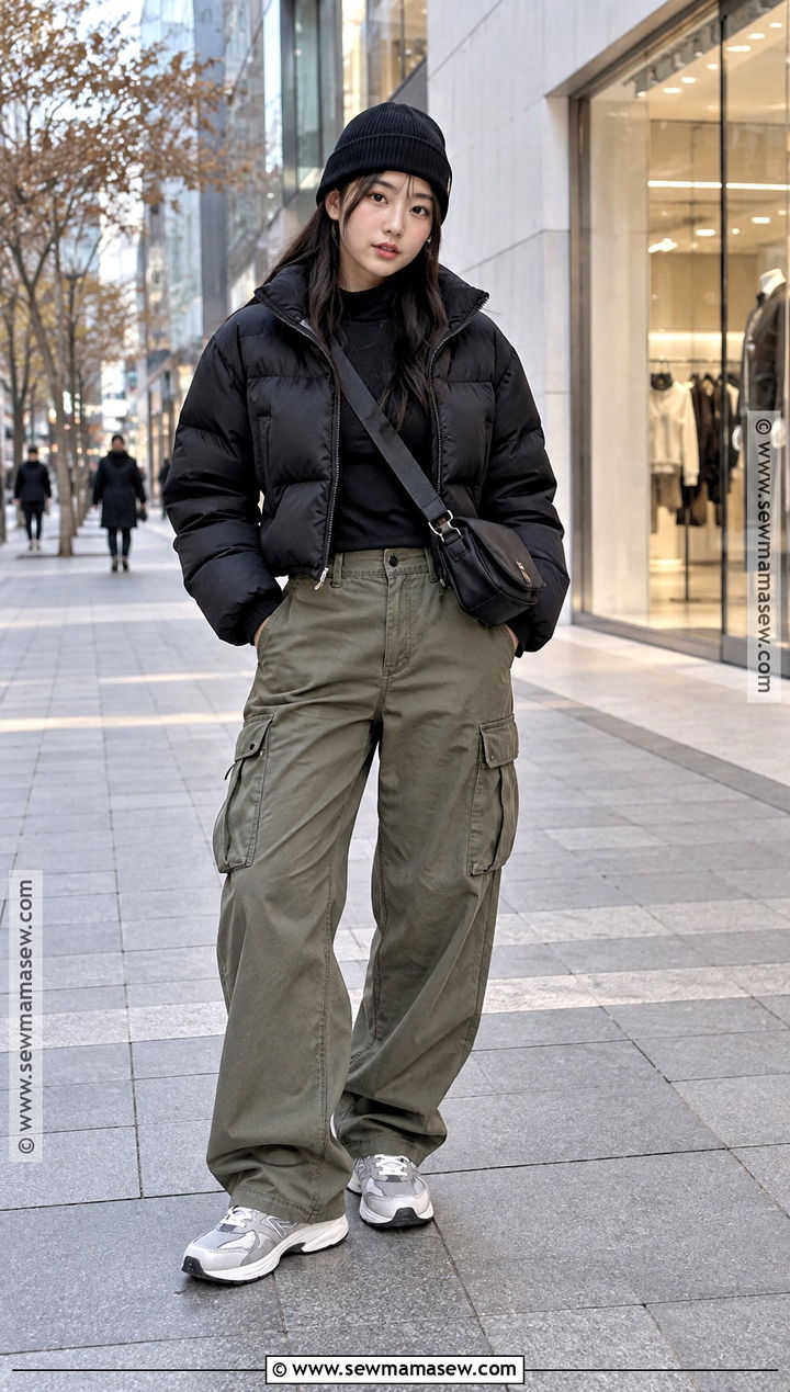Korea November Puffer Jacket And Cargo Pants Outfit - 20 korea november outfit ideas