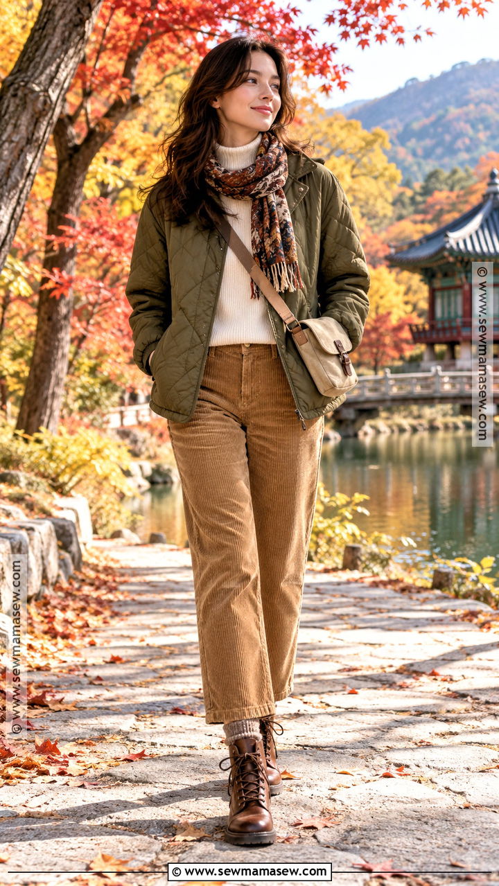 Korea November Quilted Jacket And Corduroy Pants Outfit - 20 korea november outfit ideas