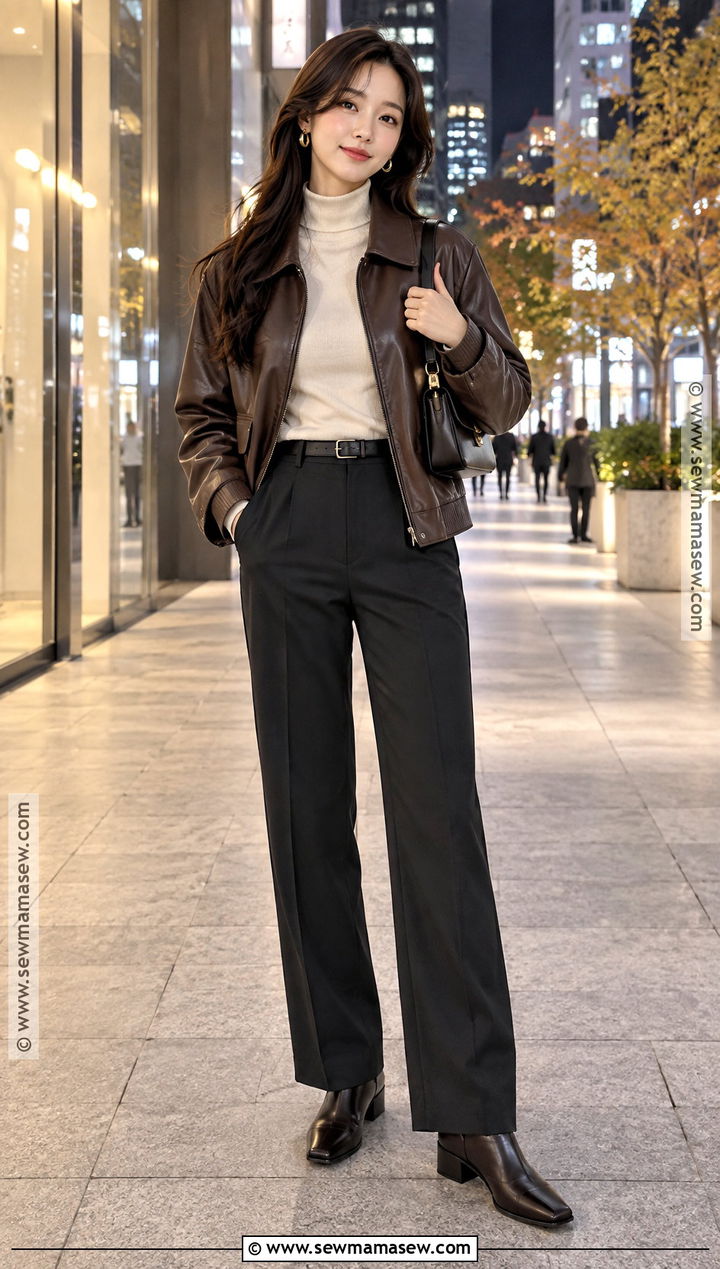 Korea October Leather Jacket And Trousers Outfit - 15 korea in october outfit ideas