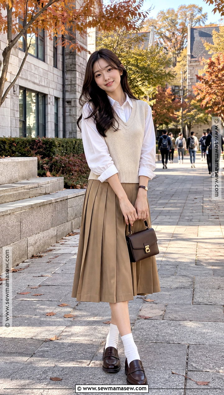 Korea October Sweater Vest And Pleated Skirt Outfit - 15 korea in october outfit ideas