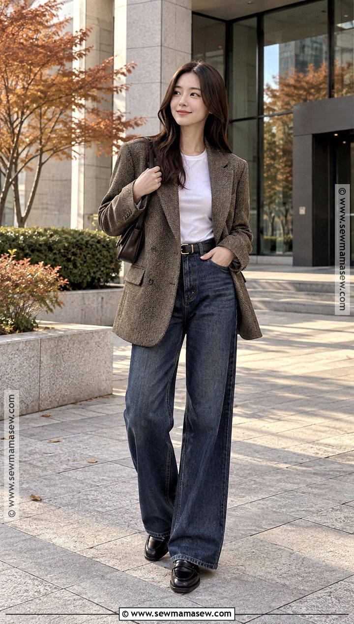 Korean Autumn Blazer And Wide Leg Jeans Outfit - 20 Ootd Autumn Korea Ideas