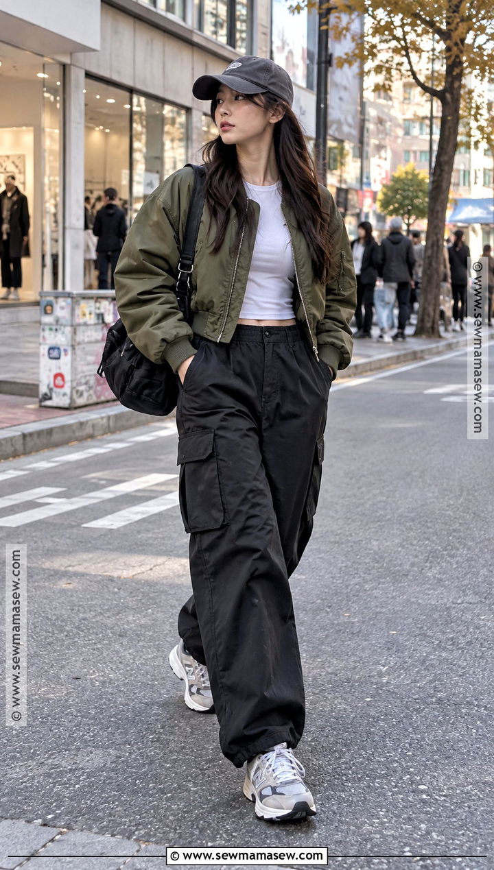 Korean Autumn Bomber Jacket And Cargo Pants Outfit - 25 Autumn Outfits In Korea