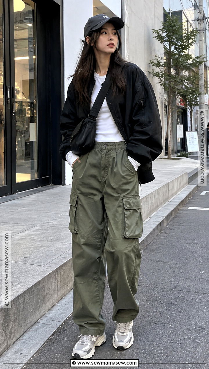 Korean Autumn Bomber Jacket And Cargo Pants Outfit - 15 south korea ootd autumn ideas