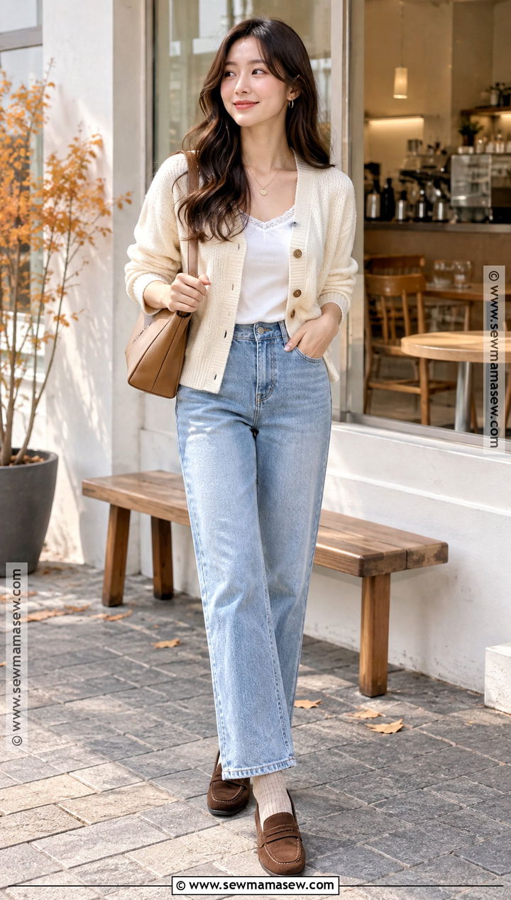 Korean Autumn Cardigan And Jeans Outfit - 20 Korean Autumn Fashion Ideas
