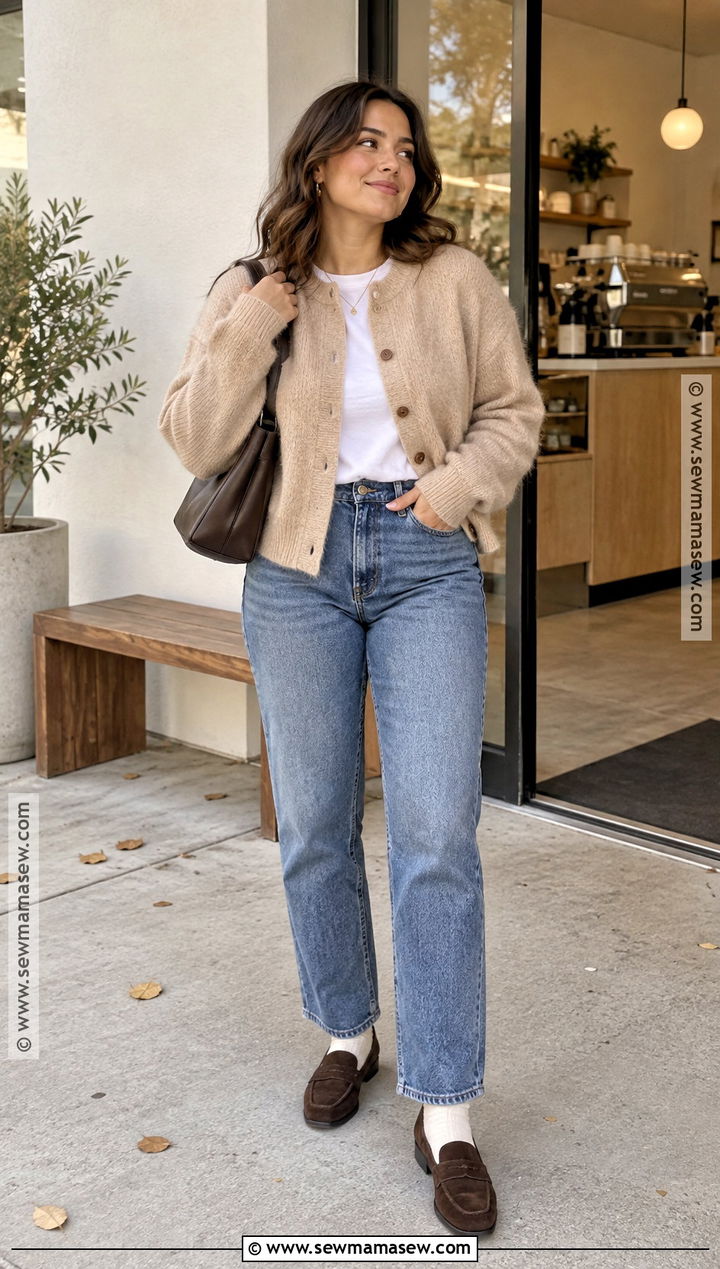 Korean Autumn Cardigan And Jeans Outfit - 20 korean autumn outfits