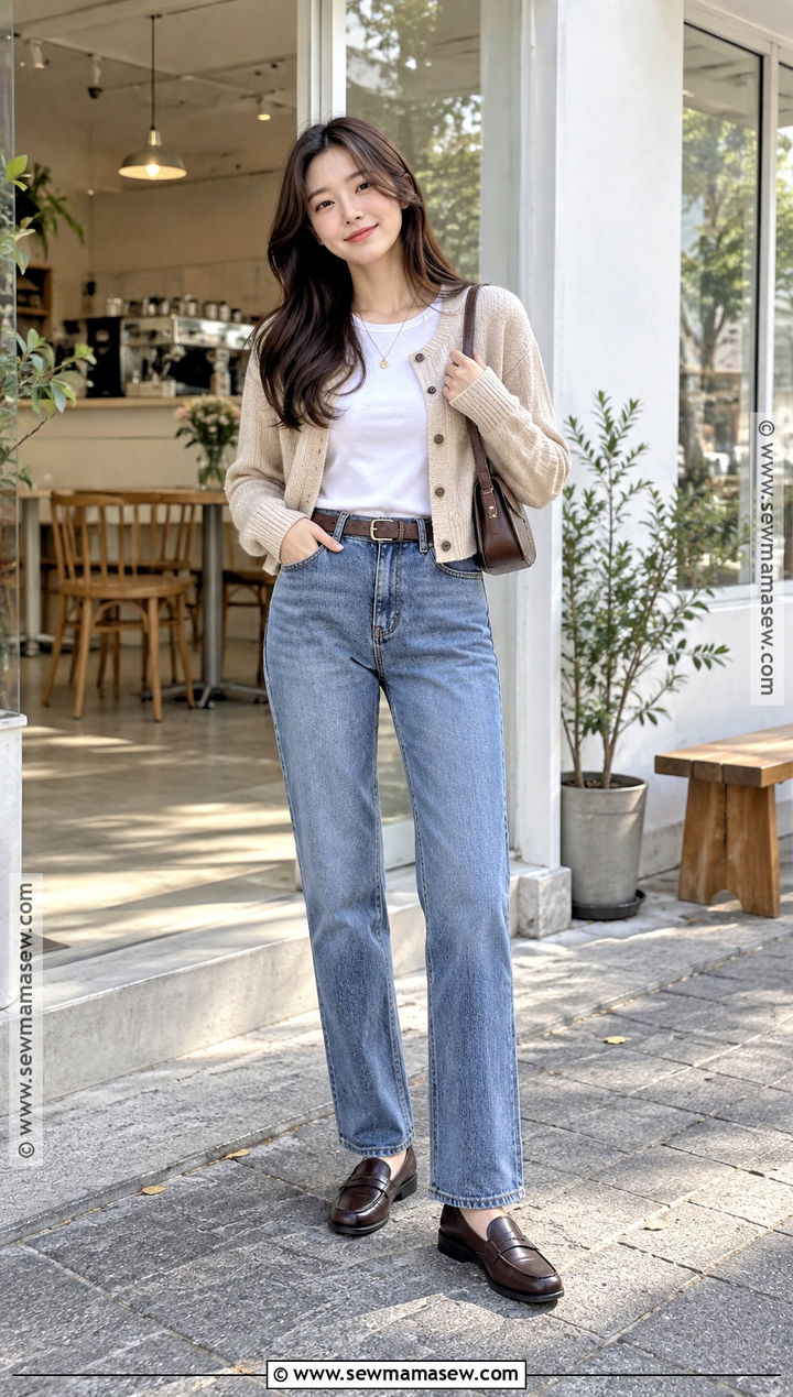 Korean Autumn Cardigan And Jeans Outfit - 20 Ootd Autumn Korea Ideas