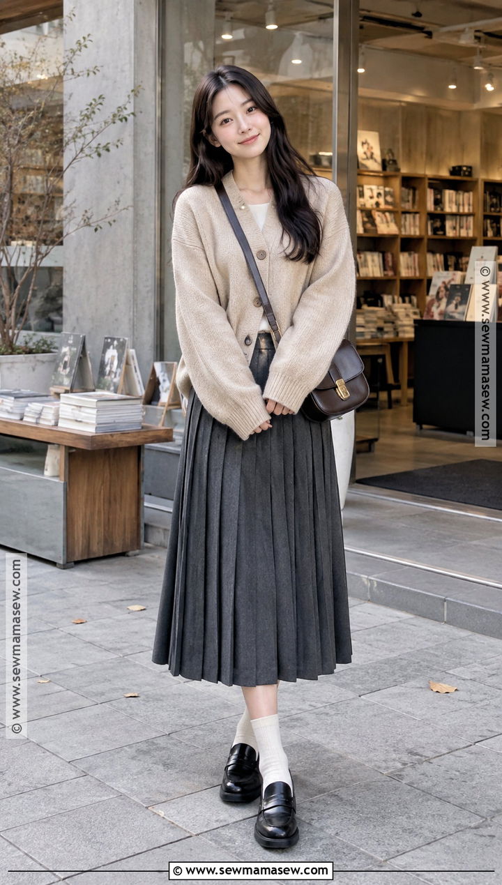 Korean Autumn Cardigan And Pleated Skirt Outfit - 25 Autumn Outfits In Korea