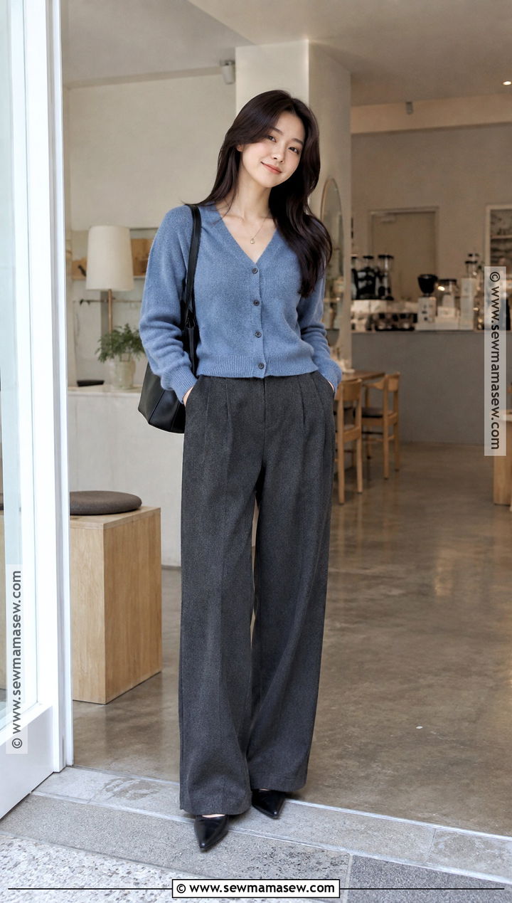Korean Autumn Cardigan And Wide Leg Trousers Outfit - 25 Autumn Outfits In Korea