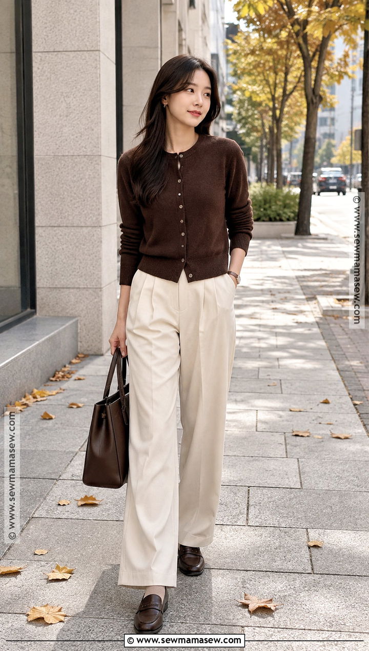Korean Autumn Cardigan With Wide Leg Trousers - 15 autumn outfits in korea for women