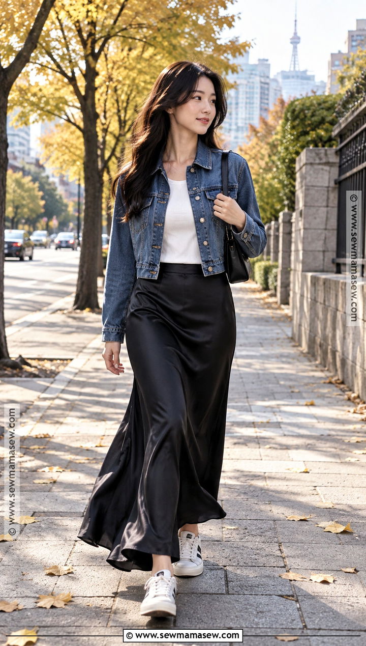 Korean Autumn Denim Jacket And Maxi Skirt Outfit - 25 Autumn Outfits In Korea