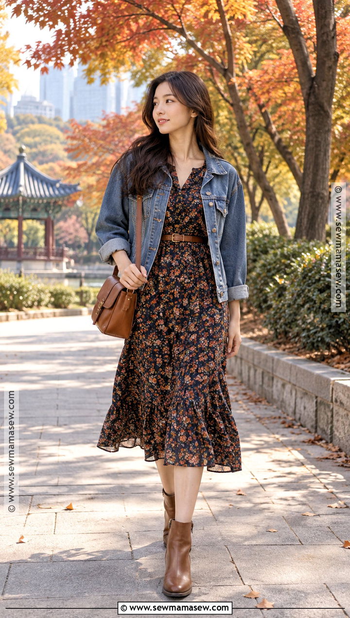 Korean Autumn Denim Jacket With Floral Midi Dress - 15 autumn outfits in korea for women