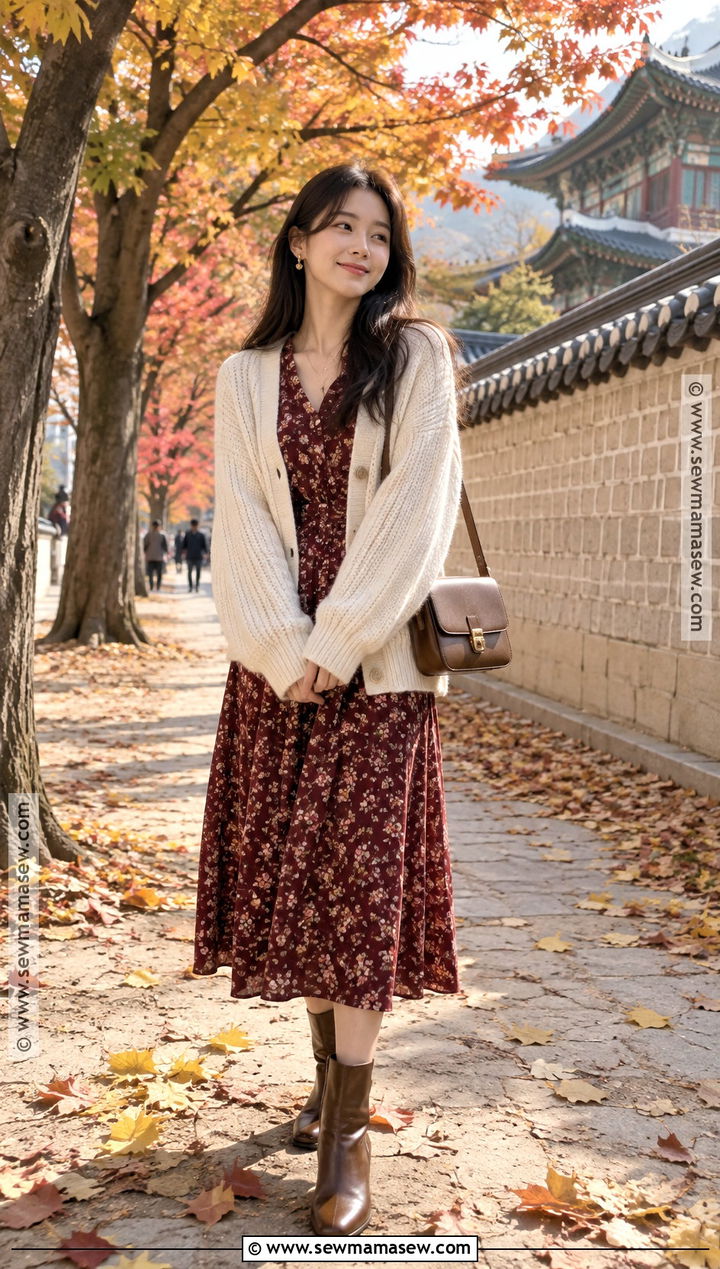 Korean Autumn Floral Dress And Cardigan Outfit - 25 Autumn Outfits In Korea