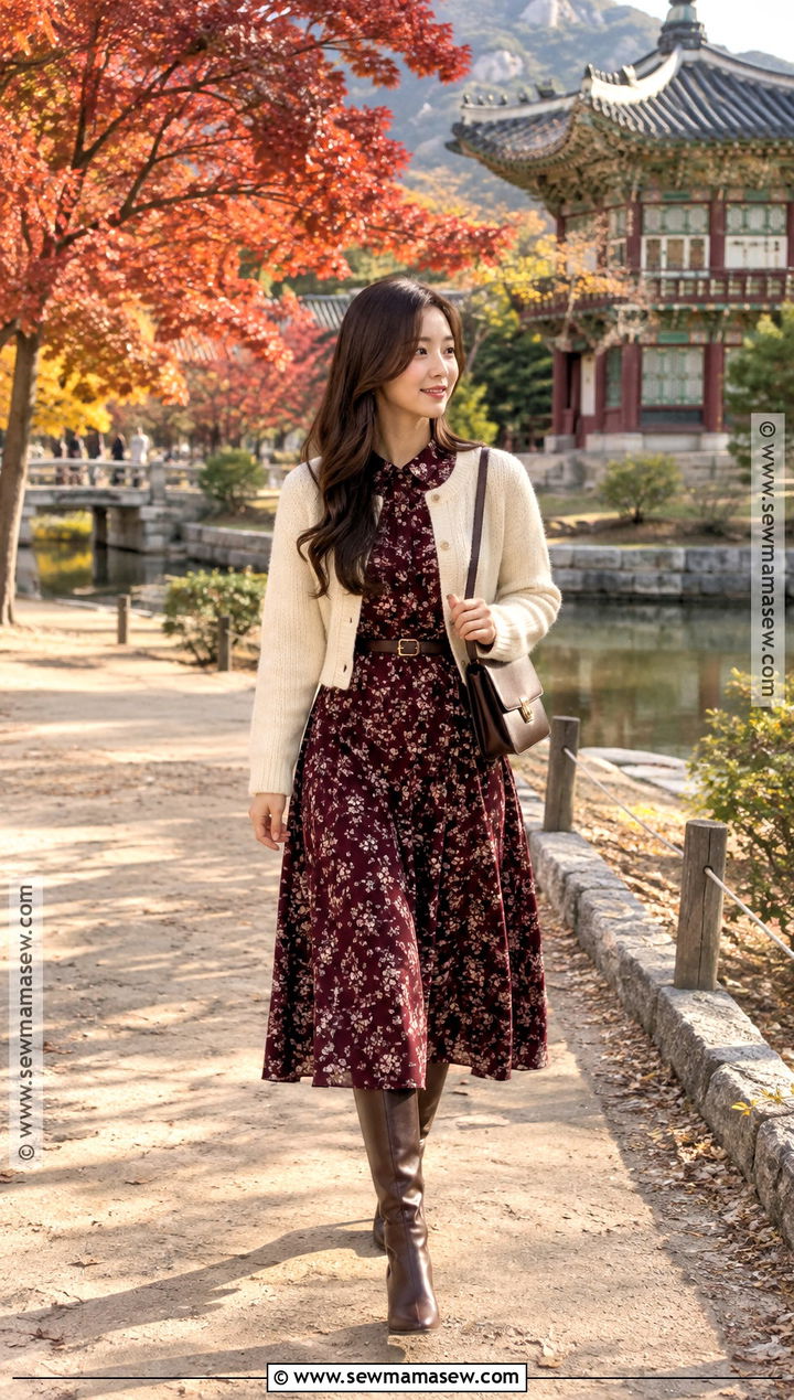 Korean Autumn Floral Dress And Cardigan Outfit - 15 south korea ootd autumn ideas