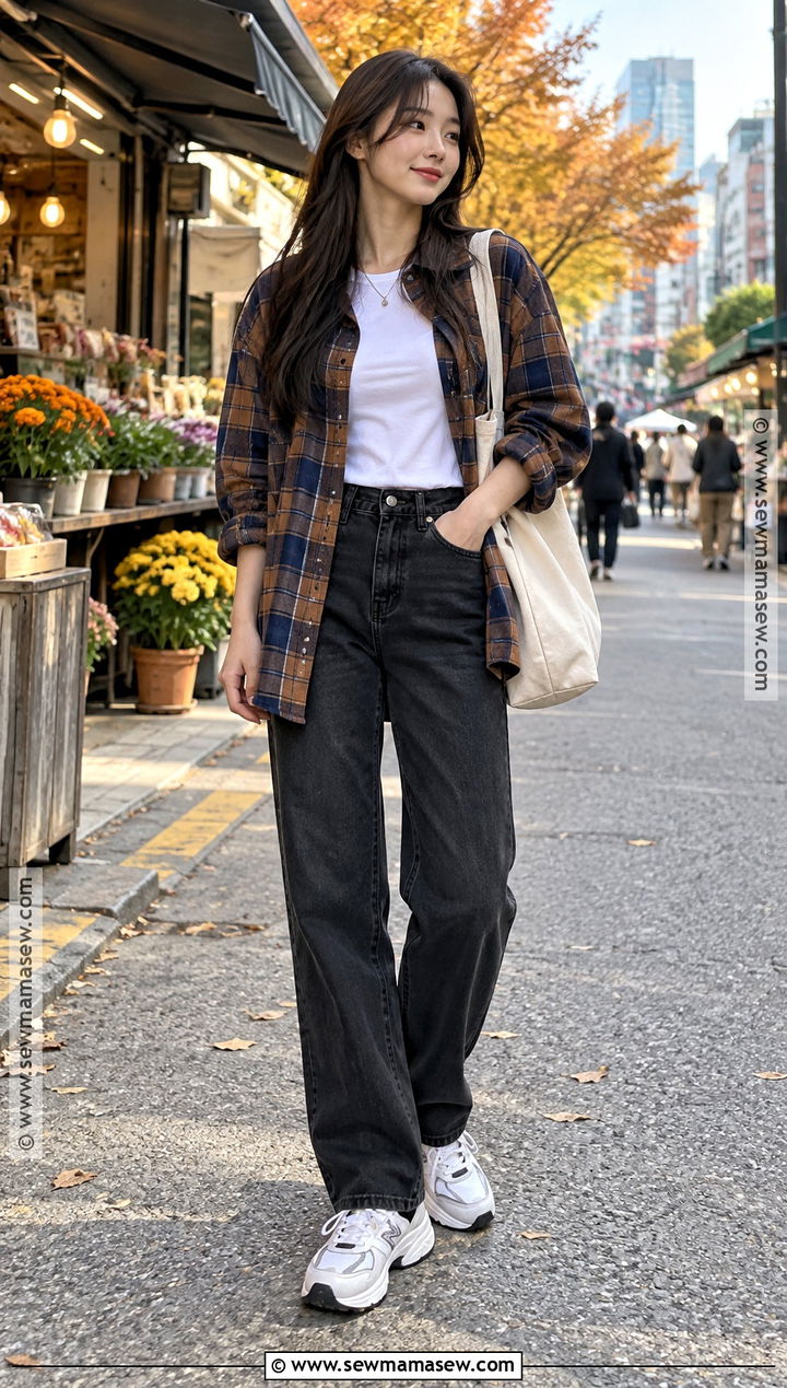 Korean Autumn Plaid Shirt And Layered T Shirt Outfit - 25 Autumn Outfits In Korea