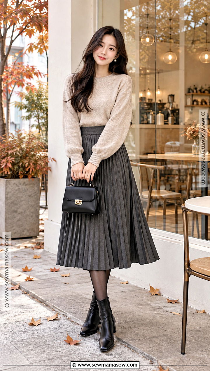 Korean Autumn Pleated Skirt Outfit - 20 Korean Autumn Fashion Ideas