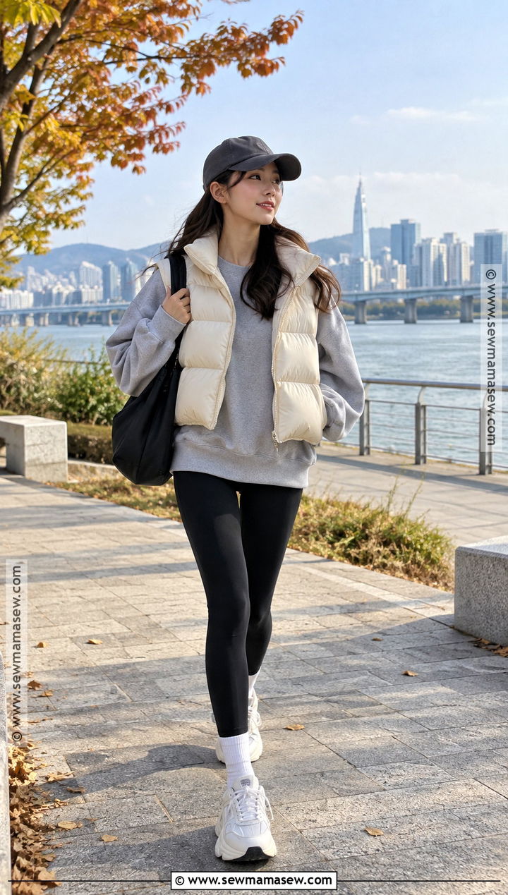 Korean Autumn Puffer Vest With Leggings - 15 autumn outfits in korea for women