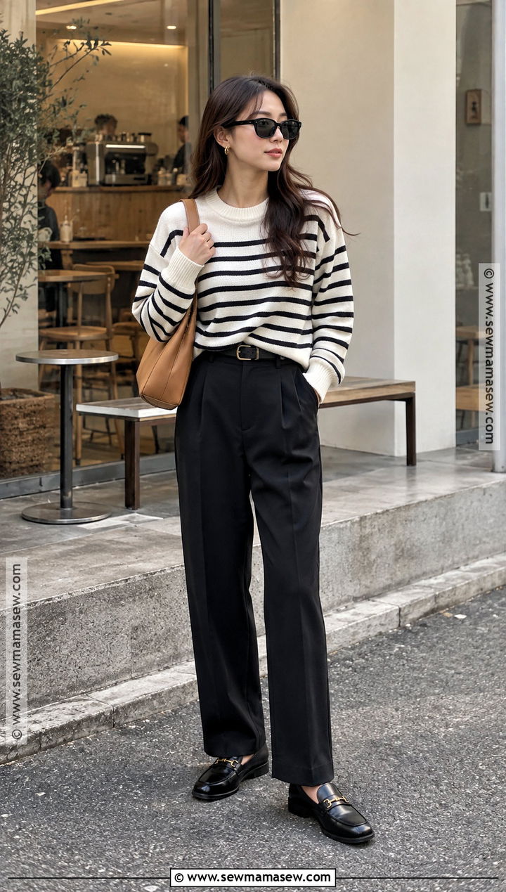 Korean Autumn Striped Sweater And Black Pants Outfit - 25 Autumn Outfits In Korea