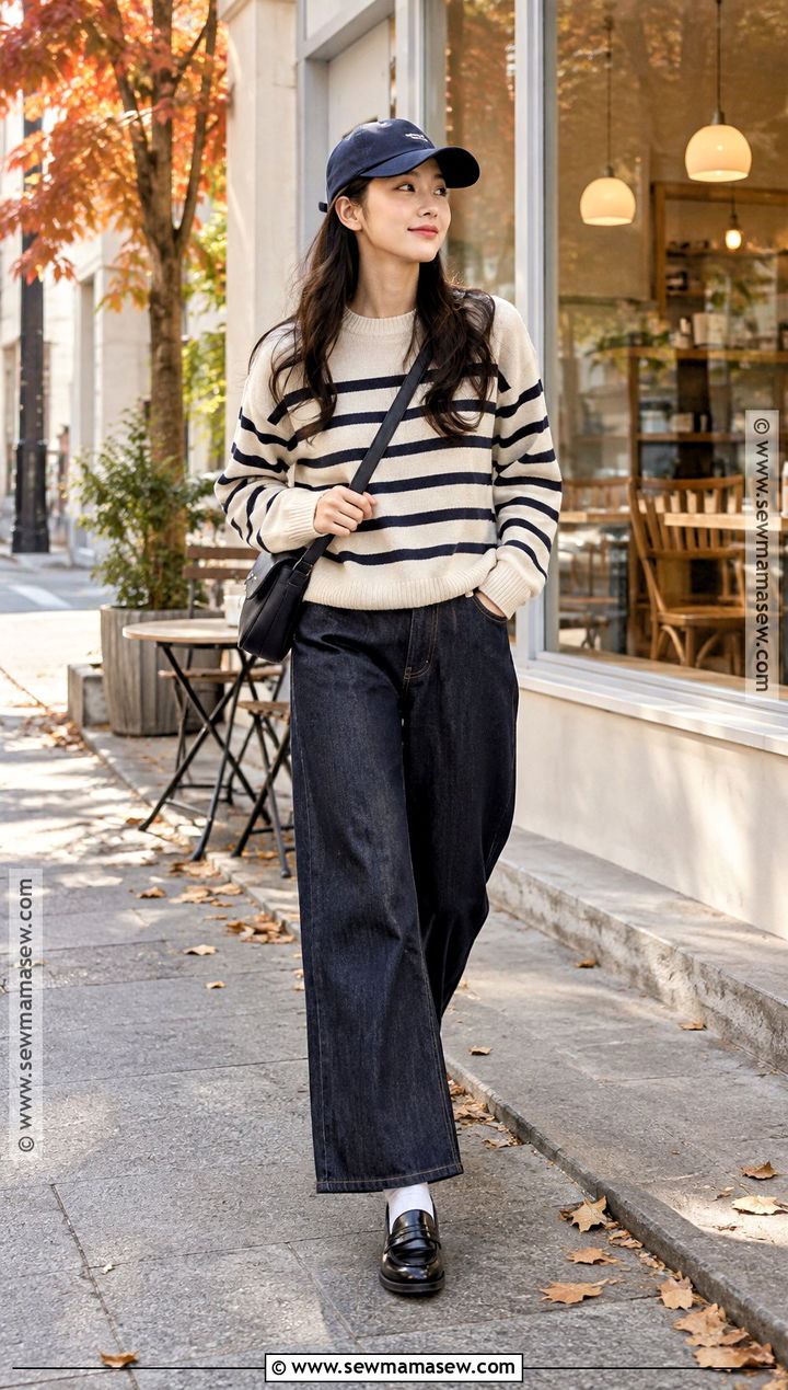 Korean Autumn Striped Sweater Outfit - 20 Ootd Autumn Korea Ideas