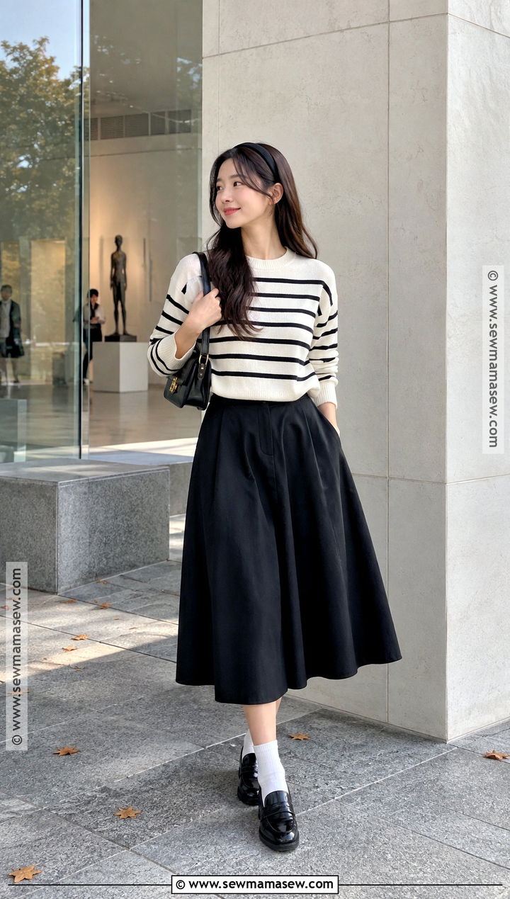 Korean Autumn Striped Sweater With Black Midi Skirt - 15 autumn outfits in korea for women
