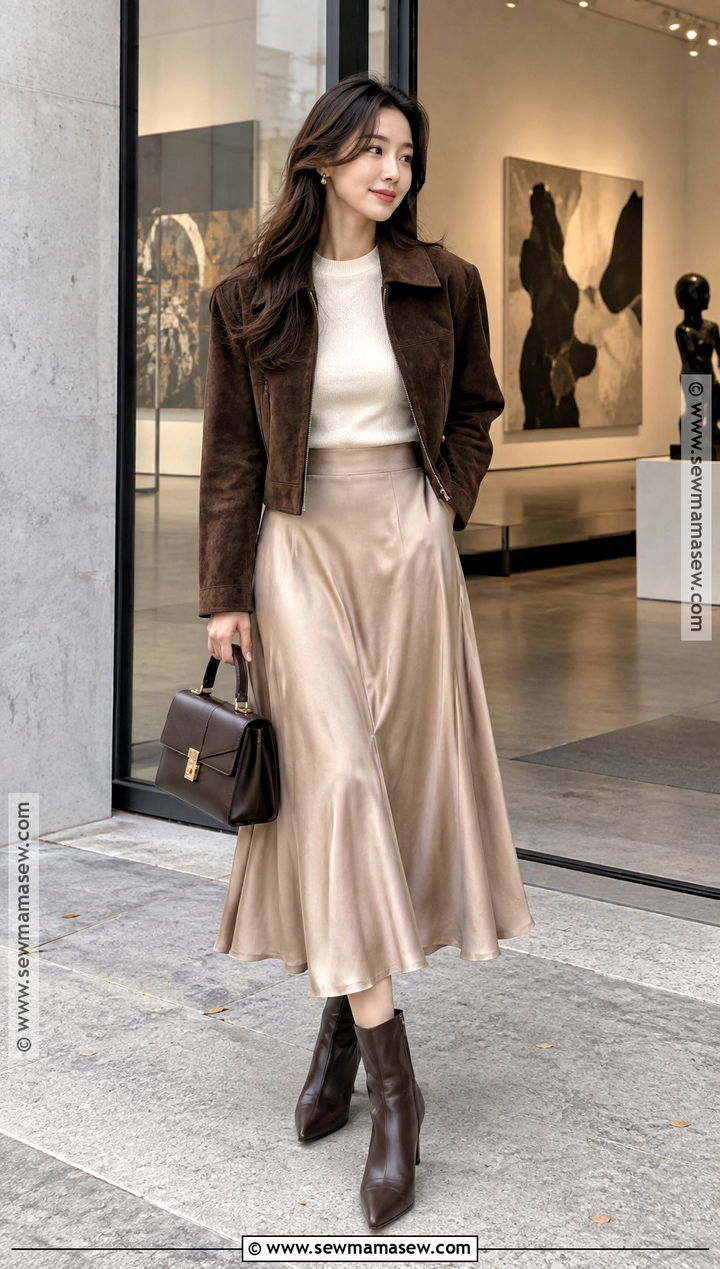 Korean Autumn Suede Jacket And Midi Skirt Outfit - 25 Autumn Outfits In Korea