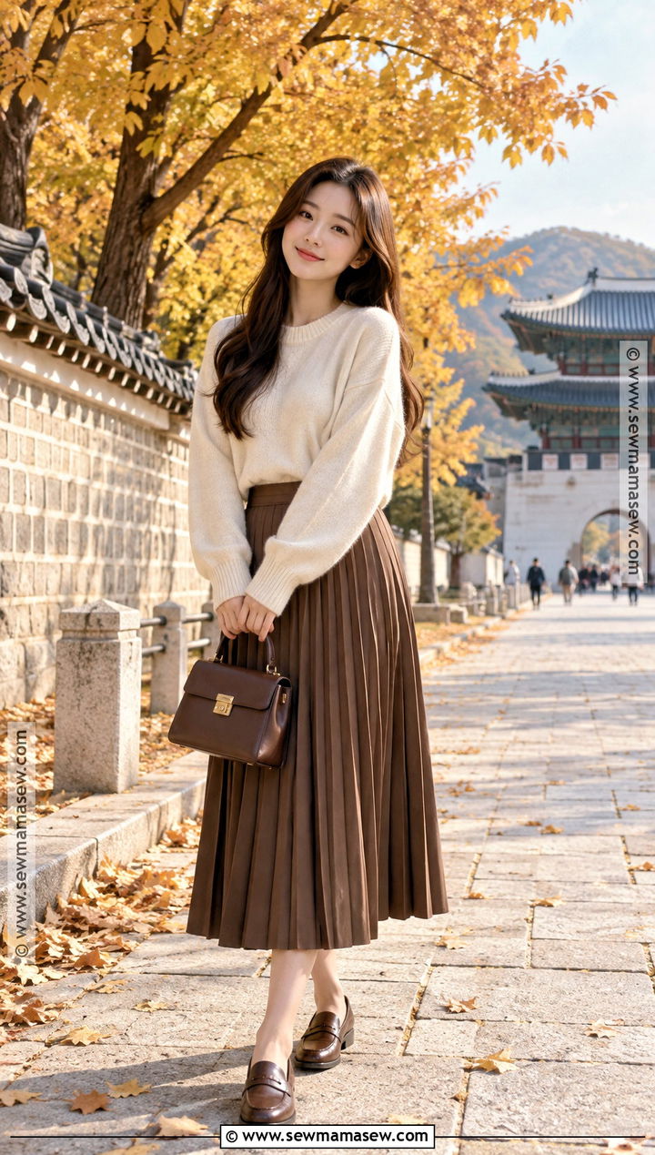 Korean Autumn Sweater And Pleated Midi Skirt Outfit - 15 south korea ootd autumn ideas