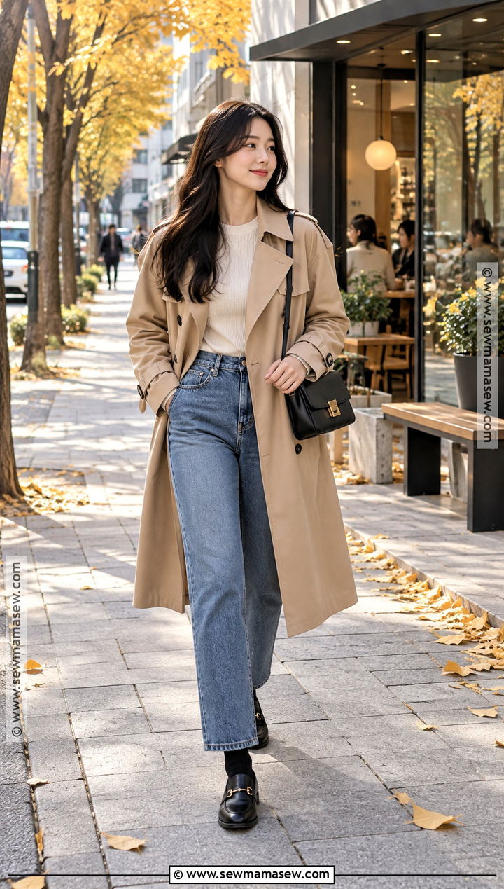 Korean Autumn Trench Coat With Straight Leg Jeans - 15 autumn outfits in korea for women