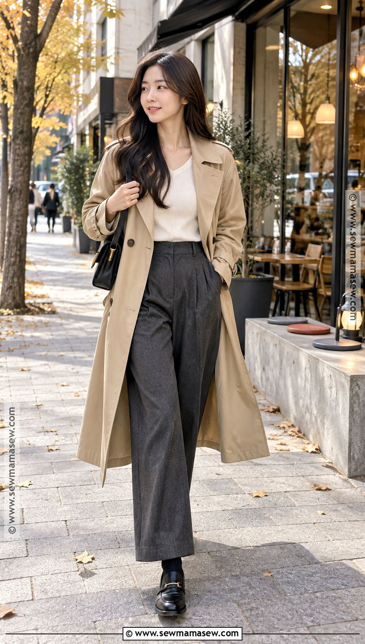 Korean Beige Trench Coat and Wide Leg Trousers Outfit - 20 South Korea Autumn Outfit Ideas for Women