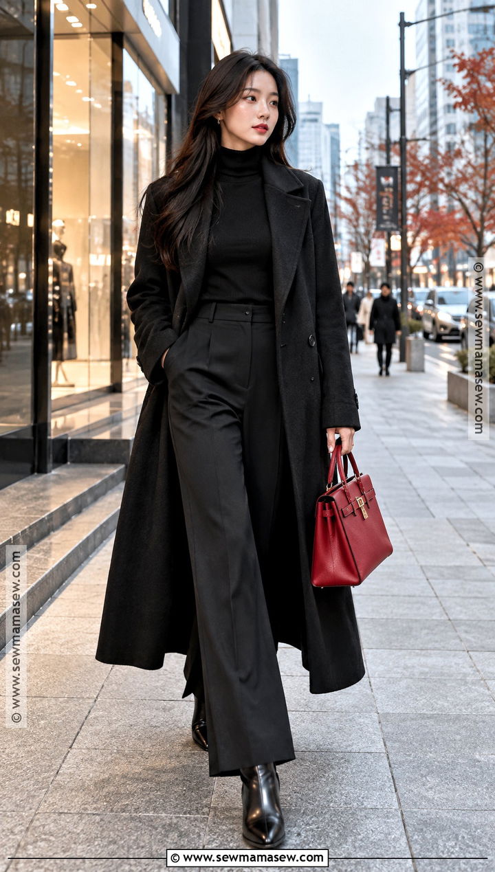 Korean Black Coat and Red Accessories Outfit - 20 South Korea Autumn Outfit Ideas for Women