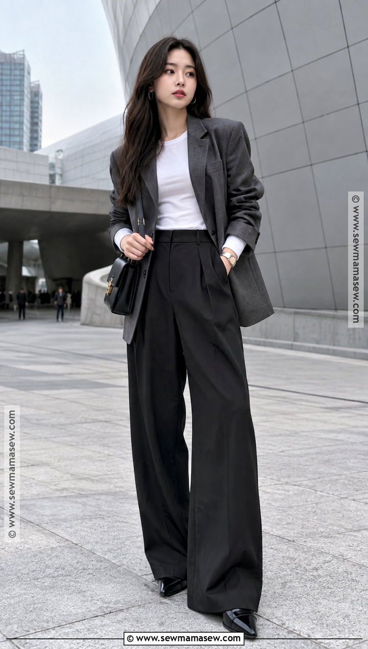 Korean Blazer And Wide Leg Pants Outfit - 15 Fall Korean Outfits Seoul