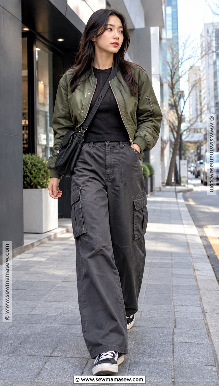 Korean Bomber Jacket And Cargo Pants Outfit - 20 autumn korean fashion ideas