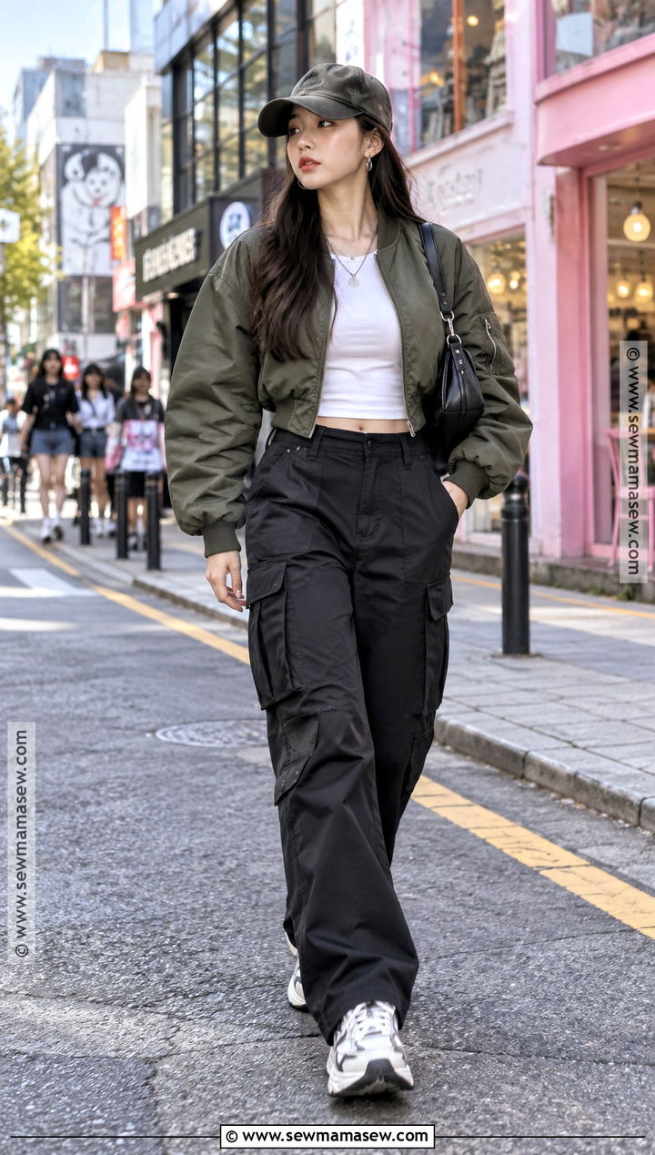 Korean Bomber Jacket And Cargo Pants Outfit - 15 Fall Korean Outfits Seoul