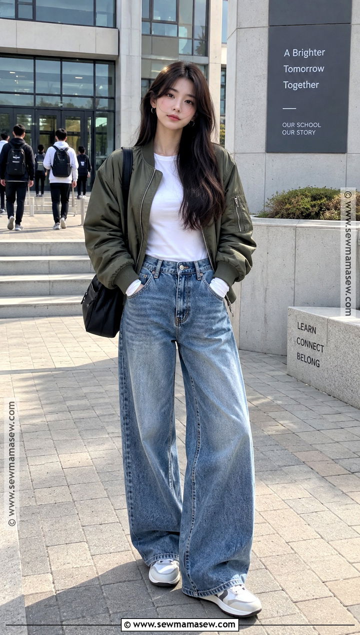 Korean Bomber Jacket And Wide Leg Jeans Outfit - 15 Korean Back To School Outfits