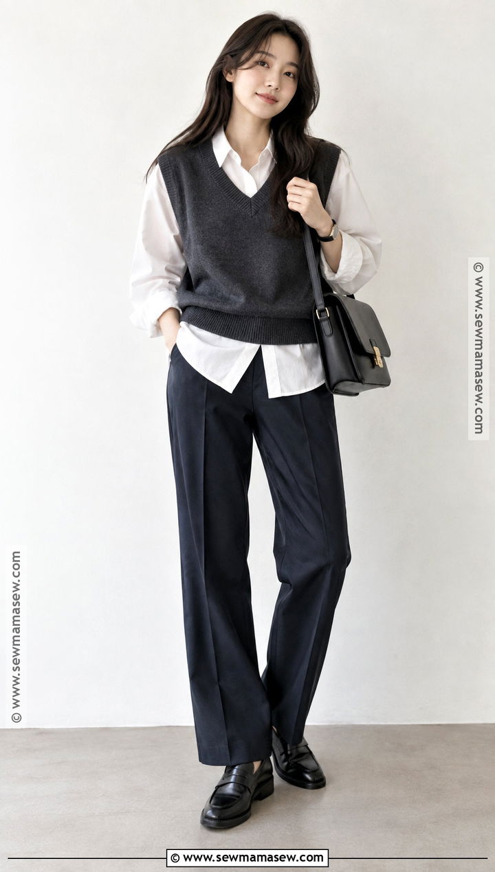 Korean Button Down Shirt and Sweater Vest Outfit - 20 South Korea Autumn Outfit Ideas for Women