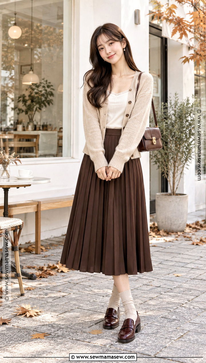Korean Cardigan And Pleated Skirt Outfit - 15 Korean Fall Style Ideas