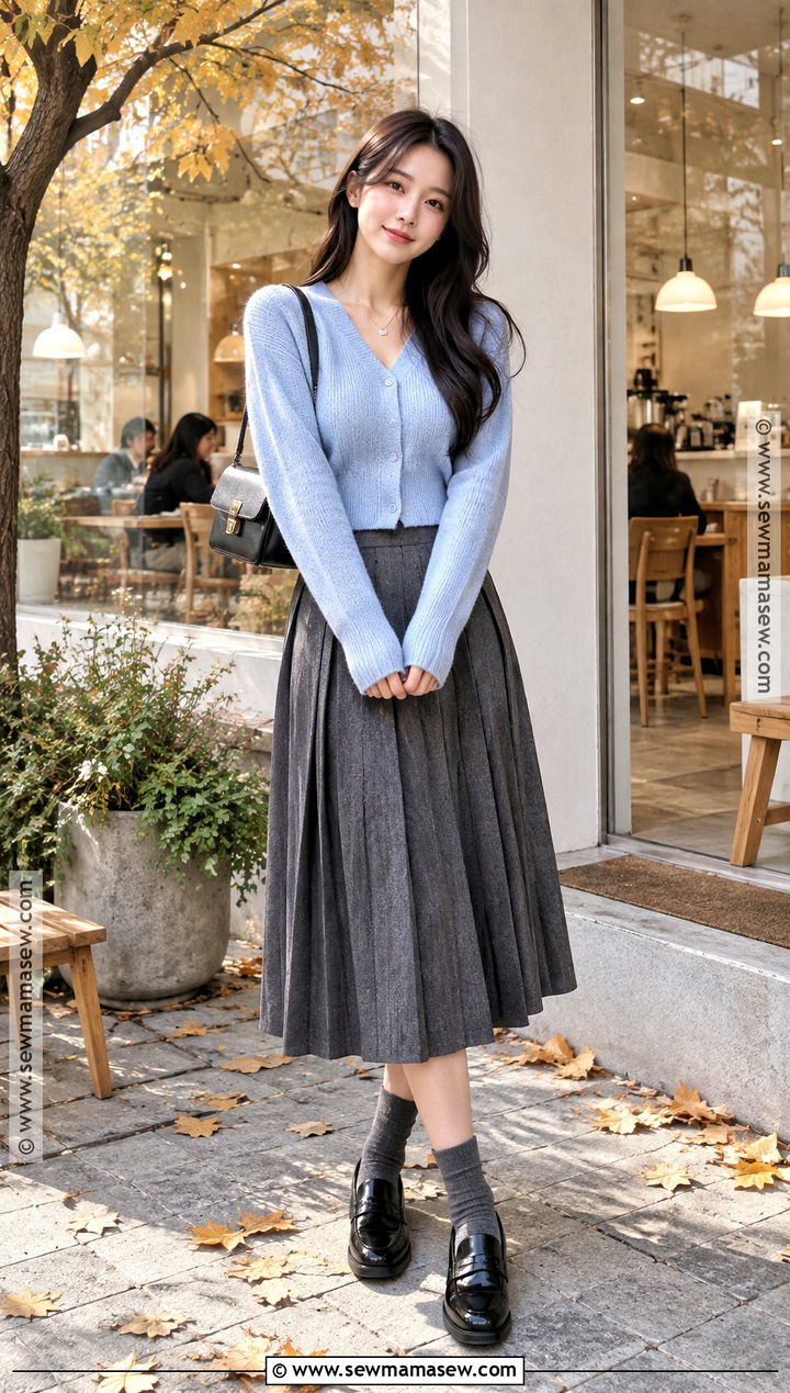 Korean Cardigan And Pleated Skirt Outfit - 15 Fall Korean Outfits Seoul