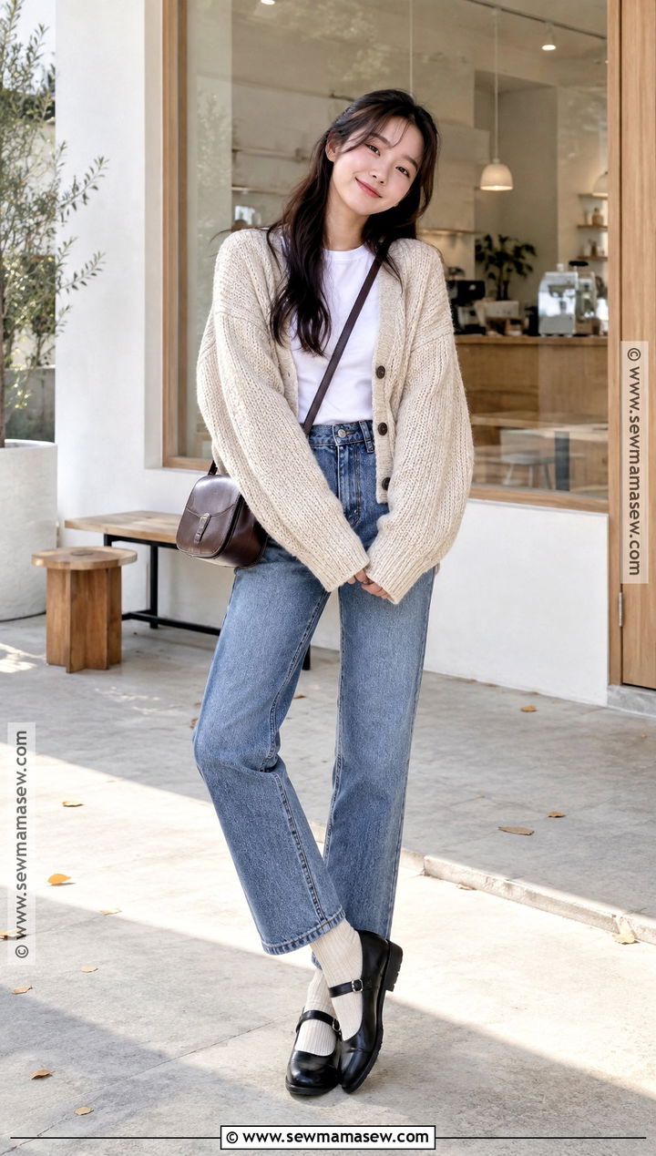 Korean Chunky Cardigan And Jeans Outfit - 20 Asian Fall Outfits